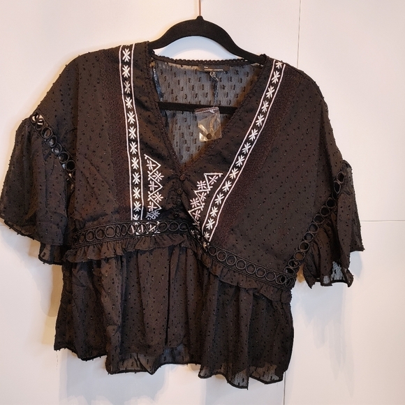 Boho Embroidered Peplum Blouse NWT Sheer Swiss Dot Black Top - Picture 8 of 11